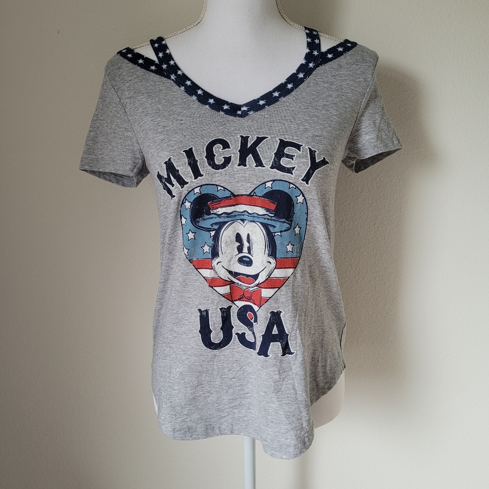 Disney Shoulder Cut Out USA Mickey Mouse Short Sleeve Novelty Shirt